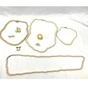 Lot of 9 VTG Faux Pearl Necklace Earrings Brooch Clip On Costume Champagne
